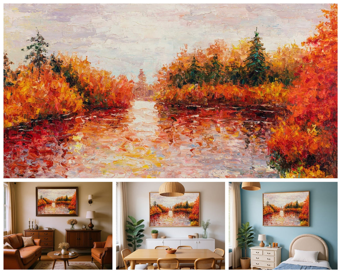 Oil painting of a forest lake with autumn colors, displayed in various interior settings.