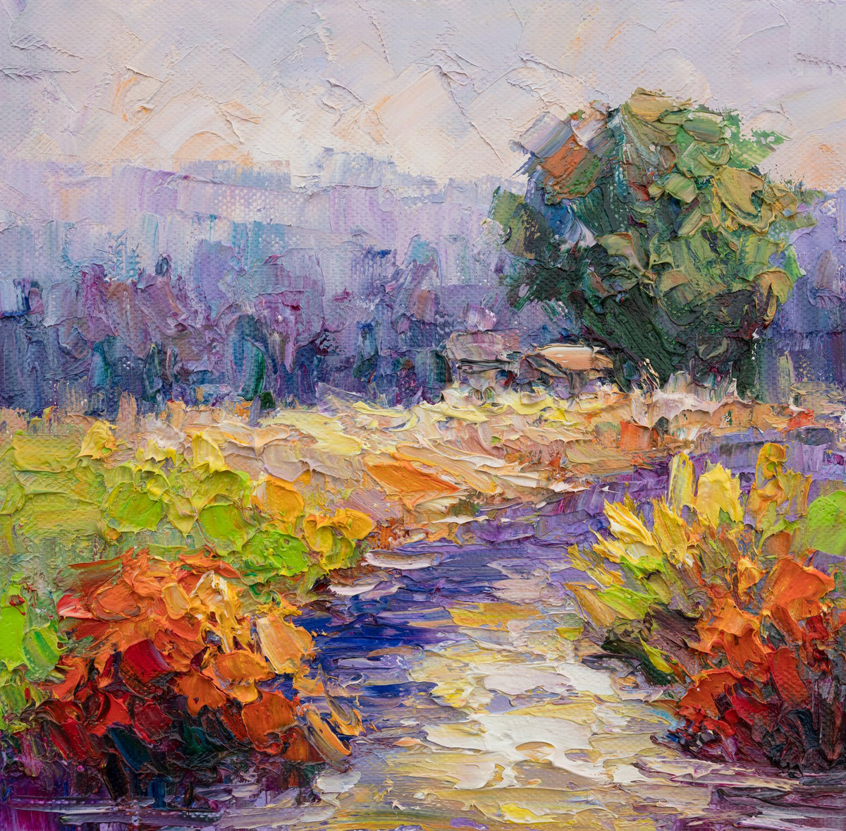 Unframed oil painting on canvas depicting a vibrant garden path with textured brushwork in green, orange, and purple hues, set against a soft sky