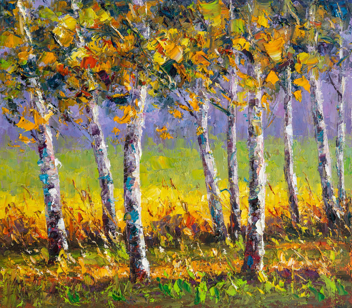 Autumn birch forest scene in vibrant oil painting, unframed canvas with textured brushwork and yellow-green foliage