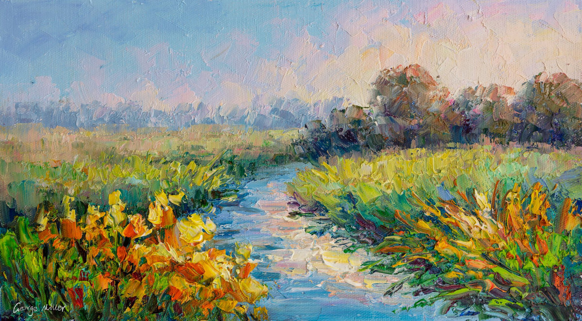 Hand-painted oil landscape of a serene stream winding through vibrant wildflowers, unframed canvas on neutral surface, impressionistic brushwork in blues, greens, and yellows