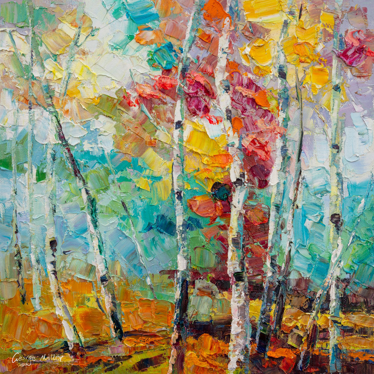 Vibrant oil painting of colorful aspen trees in autumn light, unframed canvas with textured brushwork and bold colors on neutral surface