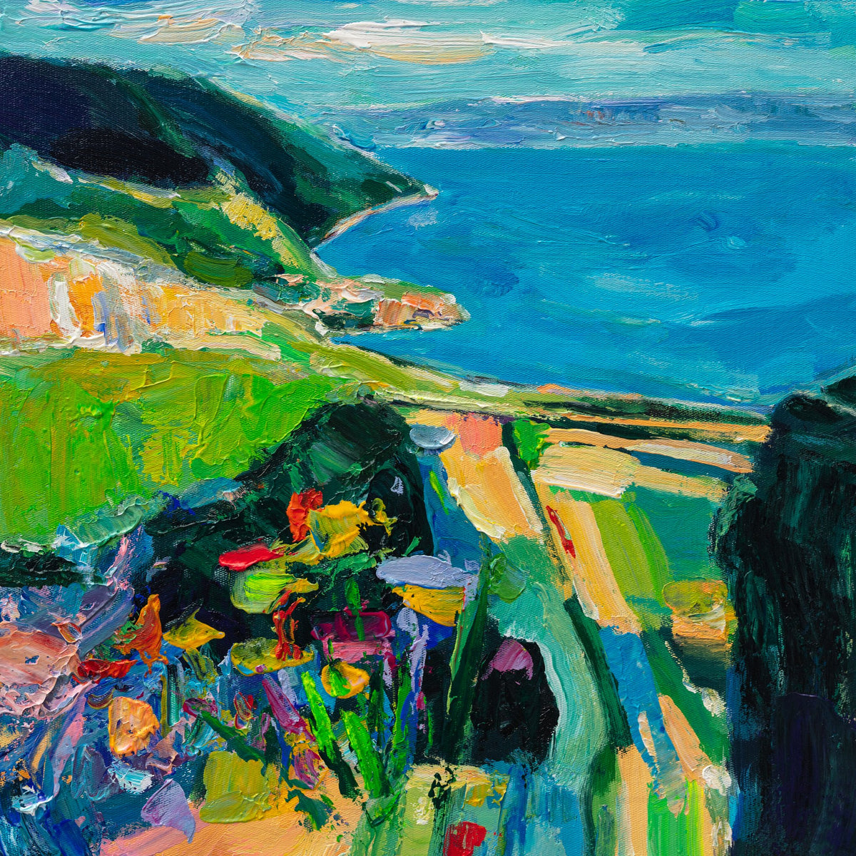 Impasto oil painting of a coastal landscape with vibrant blues, greens, and yellows; thick textured brushwork on unframed canvas