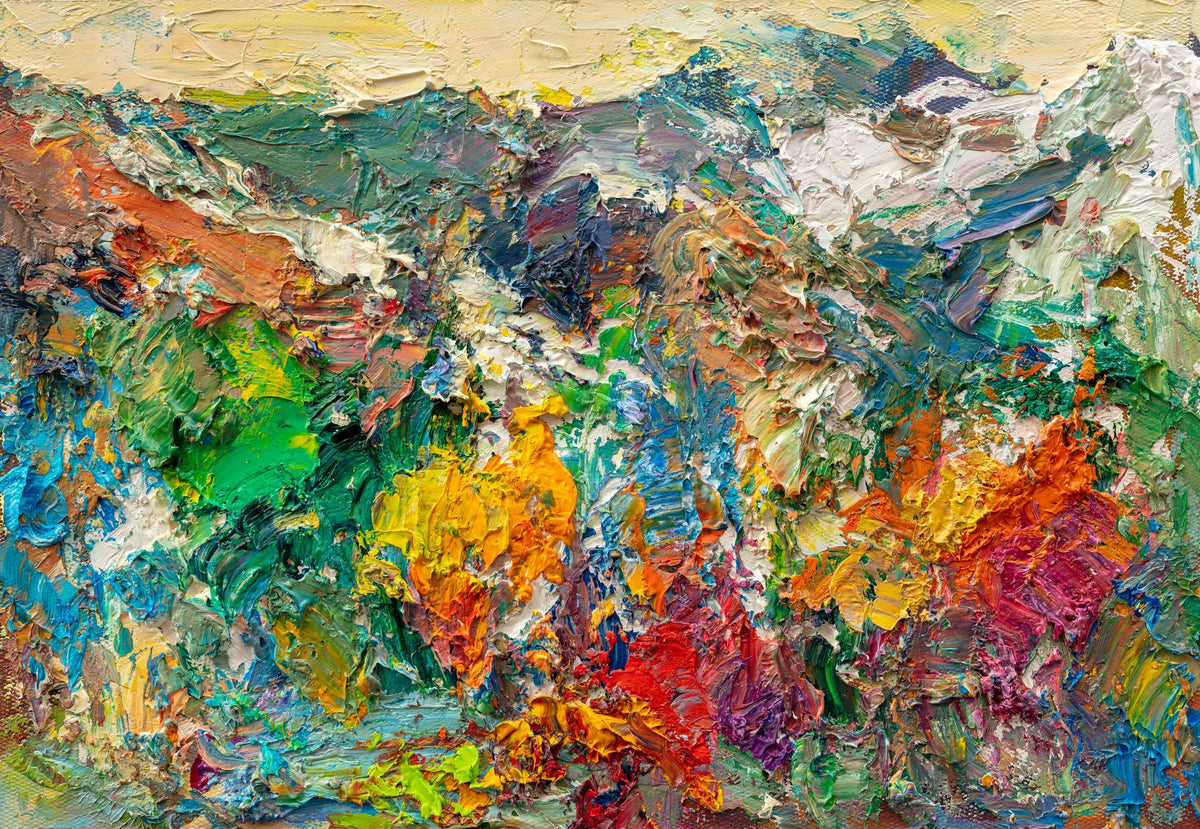 Hand-painted abstract landscape in vibrant oil on canvas, unframed, featuring thick impasto brushwork with greens, reds, oranges, and blues on a neutral surface
