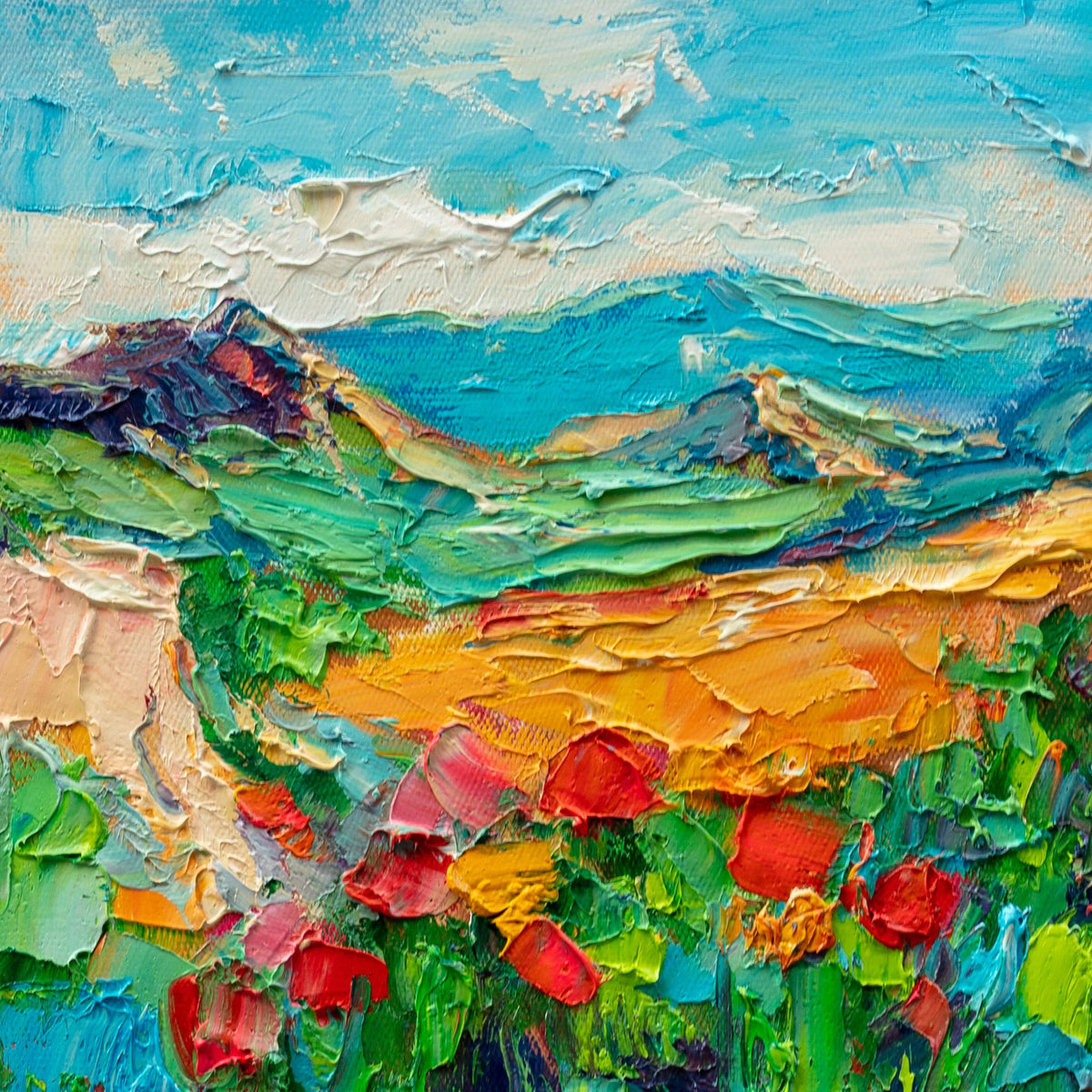 Unframed oil painting on canvas featuring a vibrant mountain meadow with thick impasto texture, red flowers, green hills, and blue sky
