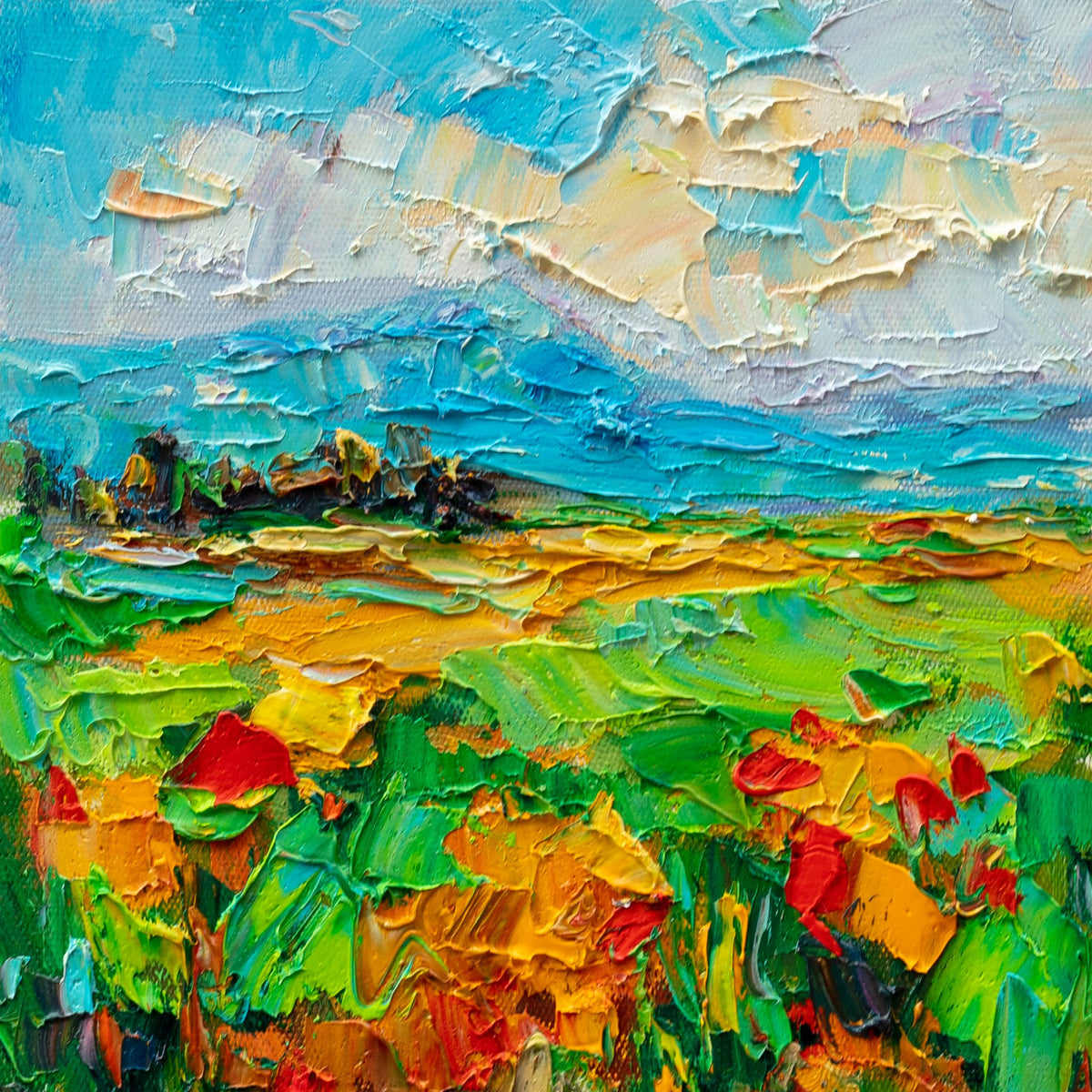 Textured oil painting of a vibrant poppy field under a dynamic sky, unframed canvas with thick impasto brushwork in blues, greens, and yellows