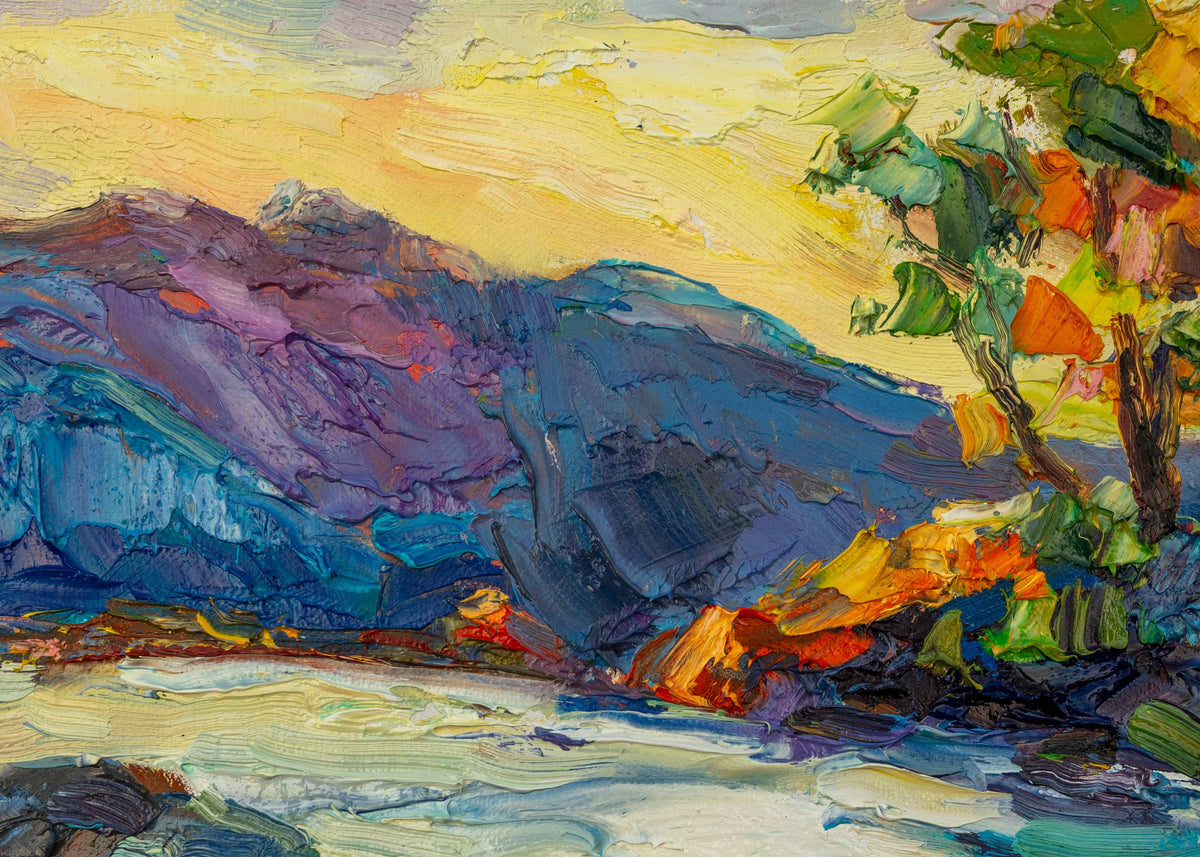 Palette Knife Mountain Vista by George Miller, unframed oil painting on canvas, vibrant abstract landscape with textured brushwork in blue, yellow, and purple hues