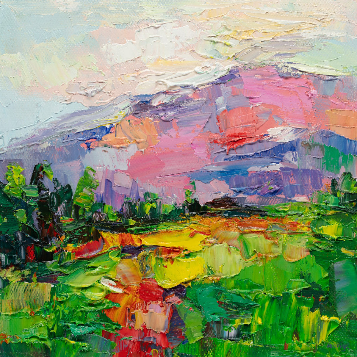 Unframed oil painting on canvas depicting a vibrant mountain sunset with thick impasto texture, featuring green forests, pink and blue mountains, and a reflective lake under a soft sky