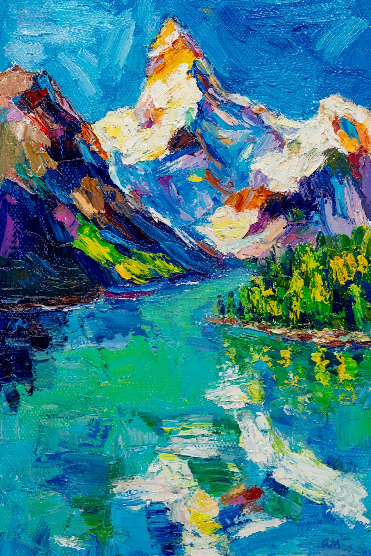 Hand-painted Alpine Lake landscape in vibrant oil on canvas, unframed, featuring bold blue and green hues with textured brushwork and mountain reflections