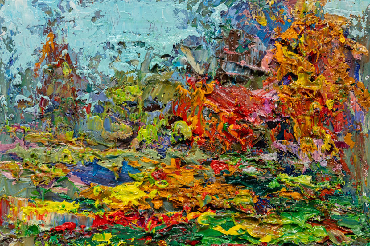 Hand-painted abstract landscape in vibrant blues, greens, yellows, reds, and oranges; thick impasto oil brushwork on unframed canvas, horizontal composition
