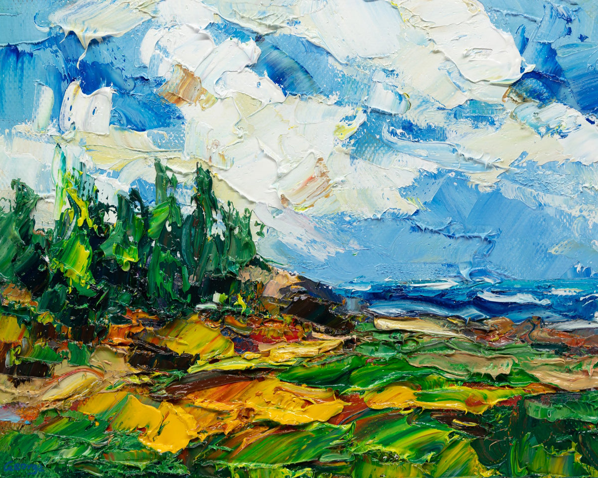 Unframed oil painting of a coastal landscape with thick impasto texture, vibrant blues, greens, and yellows, depicting trees, shoreline, and sky on canvas