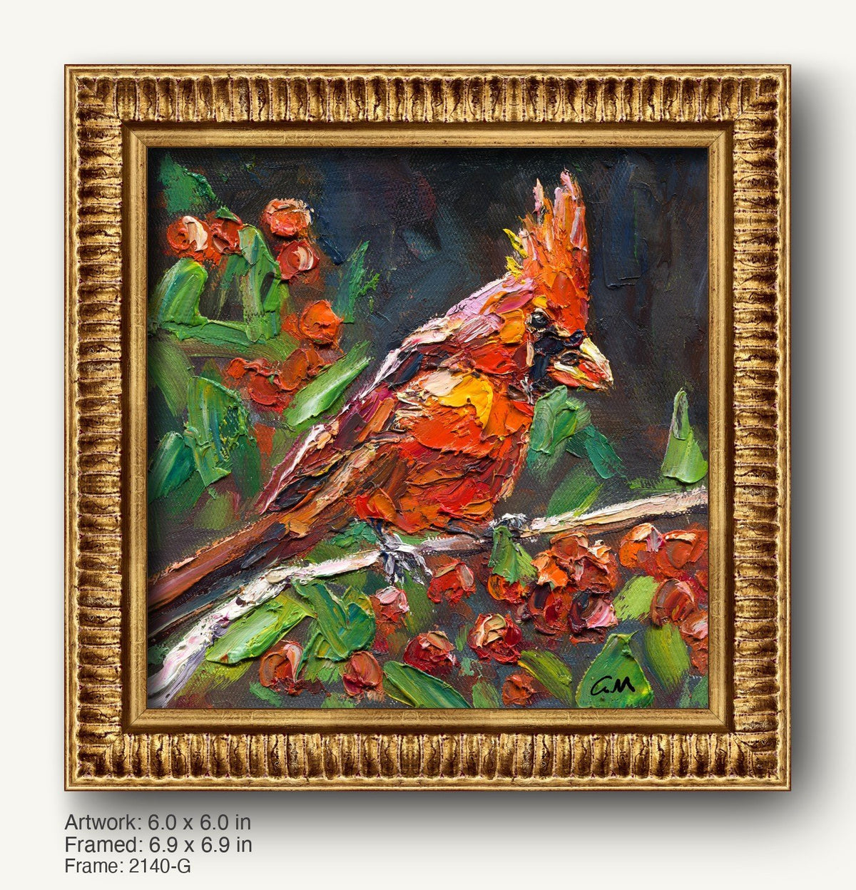 Vibrant oil painting of a cardinal bird perched on a branch with red berries, framed in an ornate warm gold frame with textured ridged profile