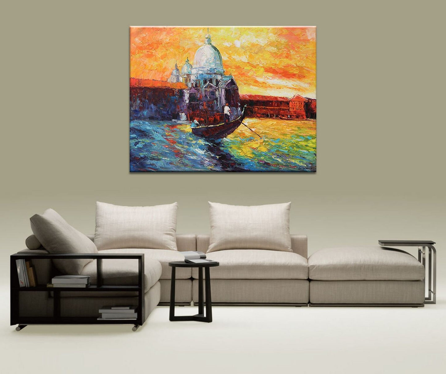 Venice At Dawn Grand Canal Gondola | Original Art Oil Painting for Contemporary Room Decor