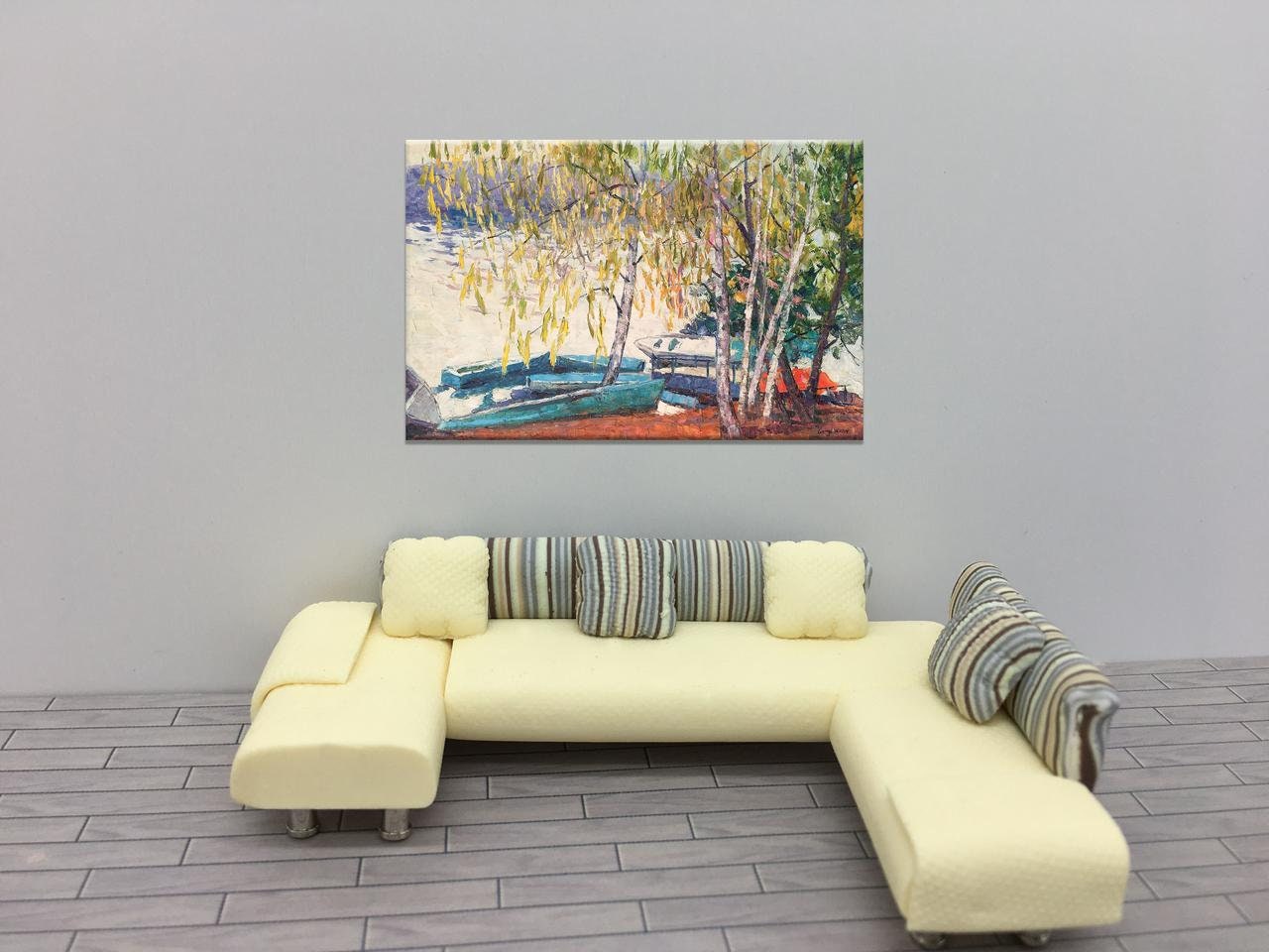 Landscape Painting Boats by the Lake - Upgrade your office decor with this contemporary oil painting on canvas