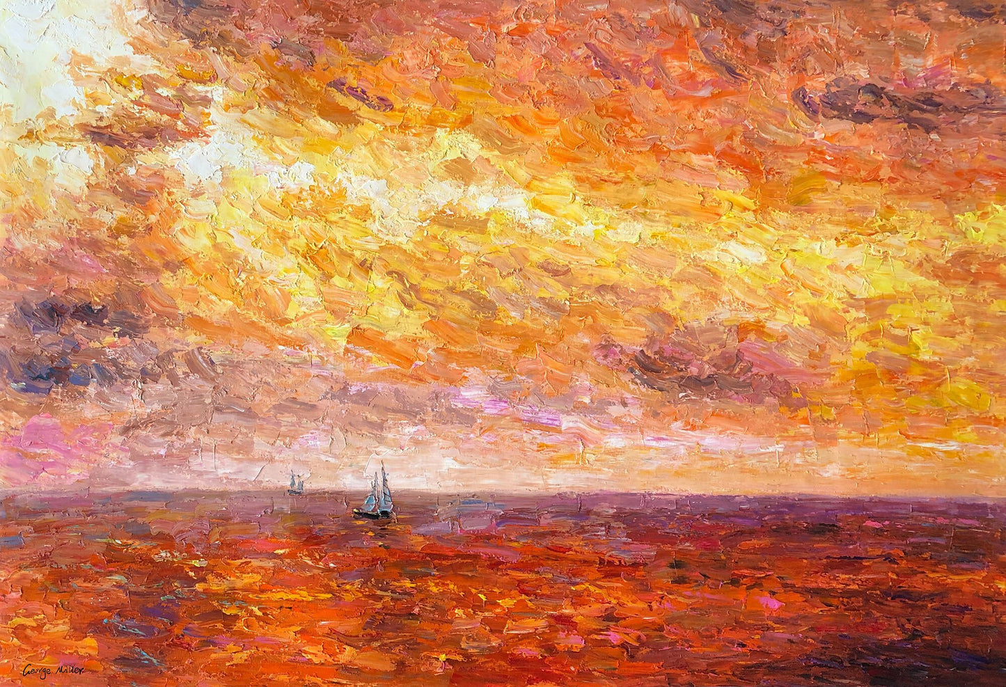 Original Oil Painting: Pacific Sunset Seascape - Modern Wall Art | 32x48 inches, Abstract Painting Seascape, Large Painting, Modern Wall Art