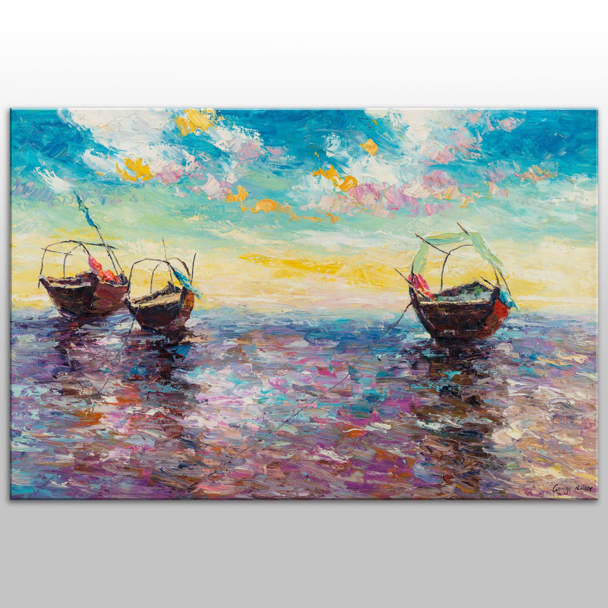 George Miller's original oil painting, "Serene Boats at Sunrise," captures the tranquil beauty of small boats at dawn. The textured art style and vibrant colors create a captivating seascape, showcasing Miller's unique artistic vision.
