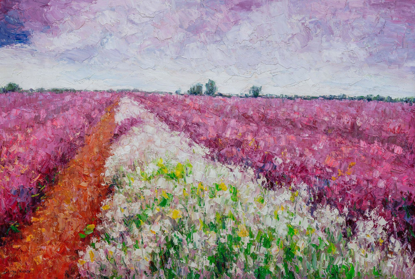 George Miller's original oil painting "Path Through the Blooms" showcases thick impasto textures in vibrant magenta, pink, and white wildflowers. An earthy-orange path winds through the foreground toward a distant horizon, contrasting with a softly blended lavender and blue sky. Expressive brushwork amplifies the dynamic impressionistic style on this large-scale canvas.