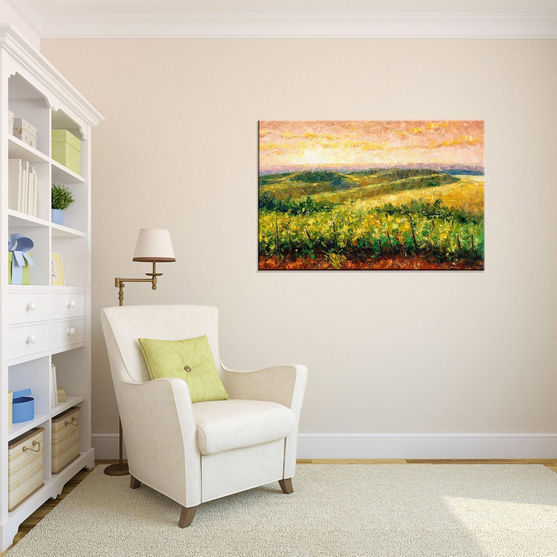 Golden Hour Vineyard Large Landscape Oil Painting - Palette Knife Painting - Rustic Home Decor - Original Art by George Miller