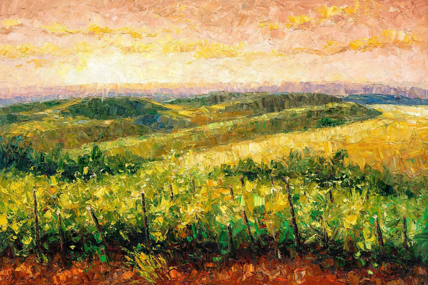 Golden Hour Vineyard Large Landscape Oil Painting - Palette Knife Painting - Rustic Home Decor - Original Art by George Miller
