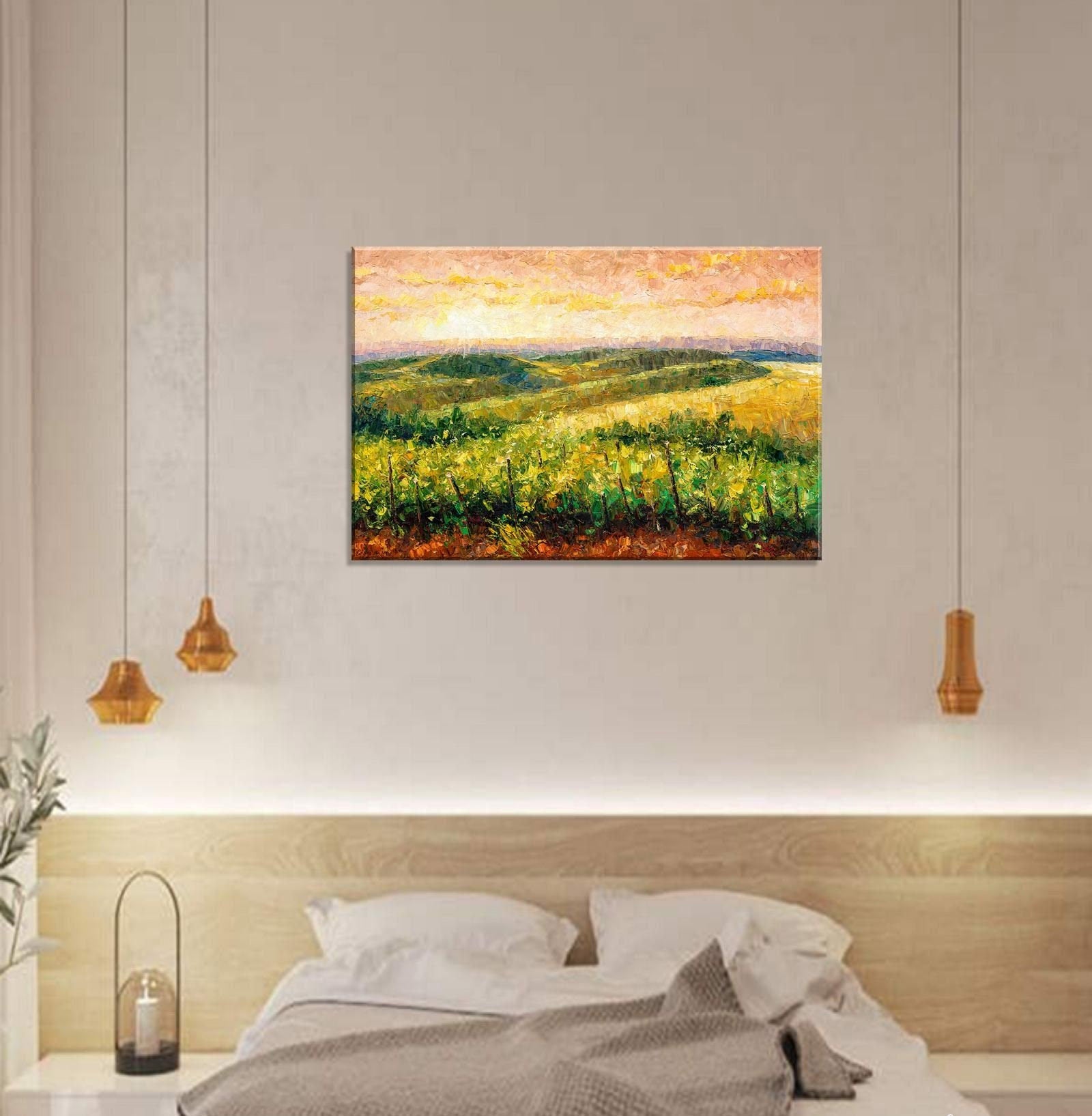 Golden Hour Vineyard Large Landscape Oil Painting - Palette Knife Painting - Rustic Home Decor - Original Art by George Miller