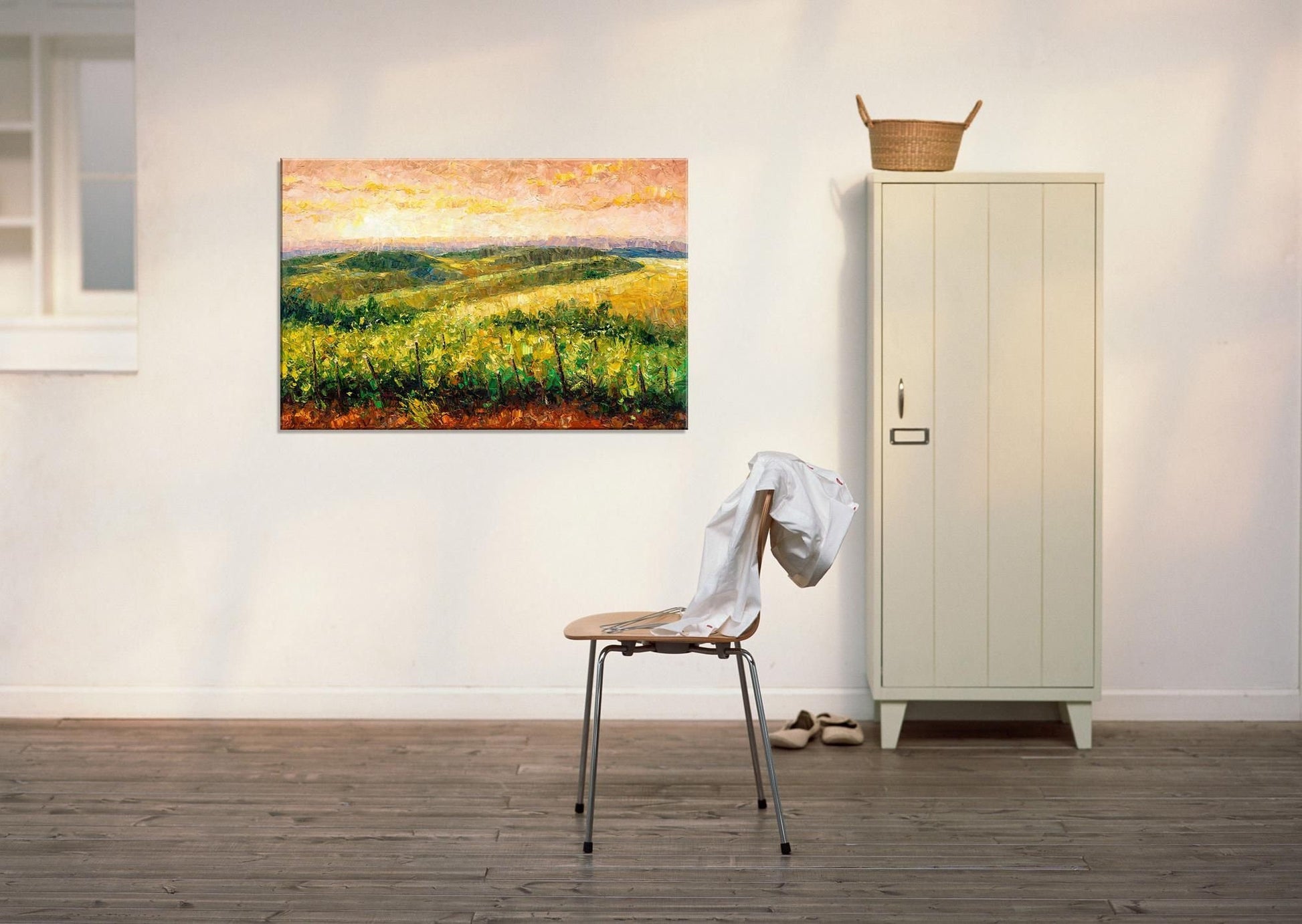 Golden Hour Vineyard Large Landscape Oil Painting - Palette Knife Painting - Rustic Home Decor - Original Art by George Miller