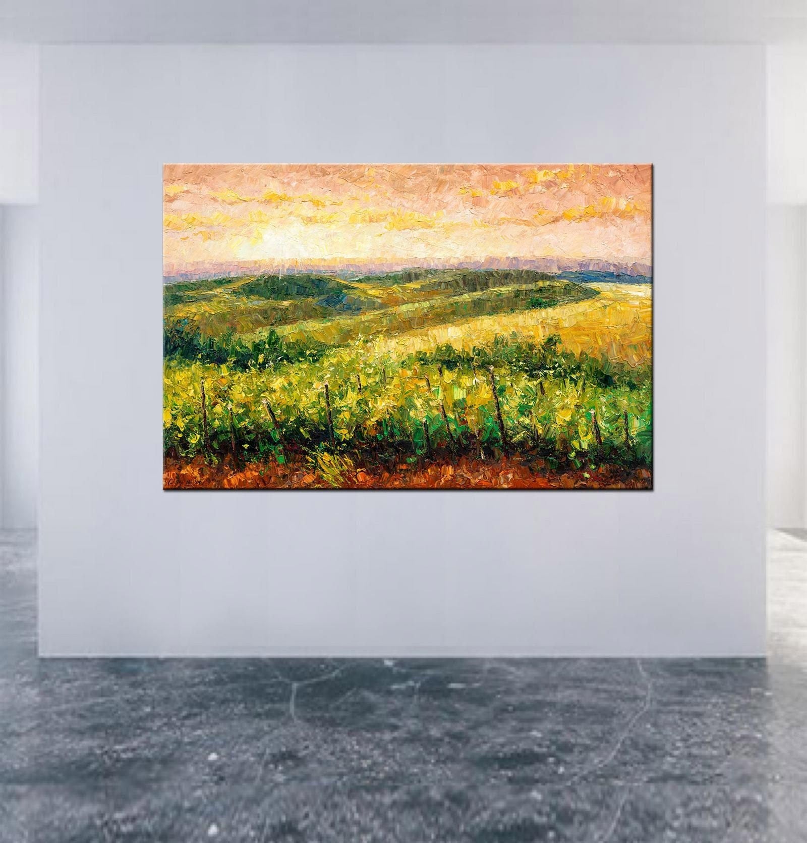 Golden Hour Vineyard Large Landscape Oil Painting - Palette Knife Painting - Rustic Home Decor - Original Art by George Miller
