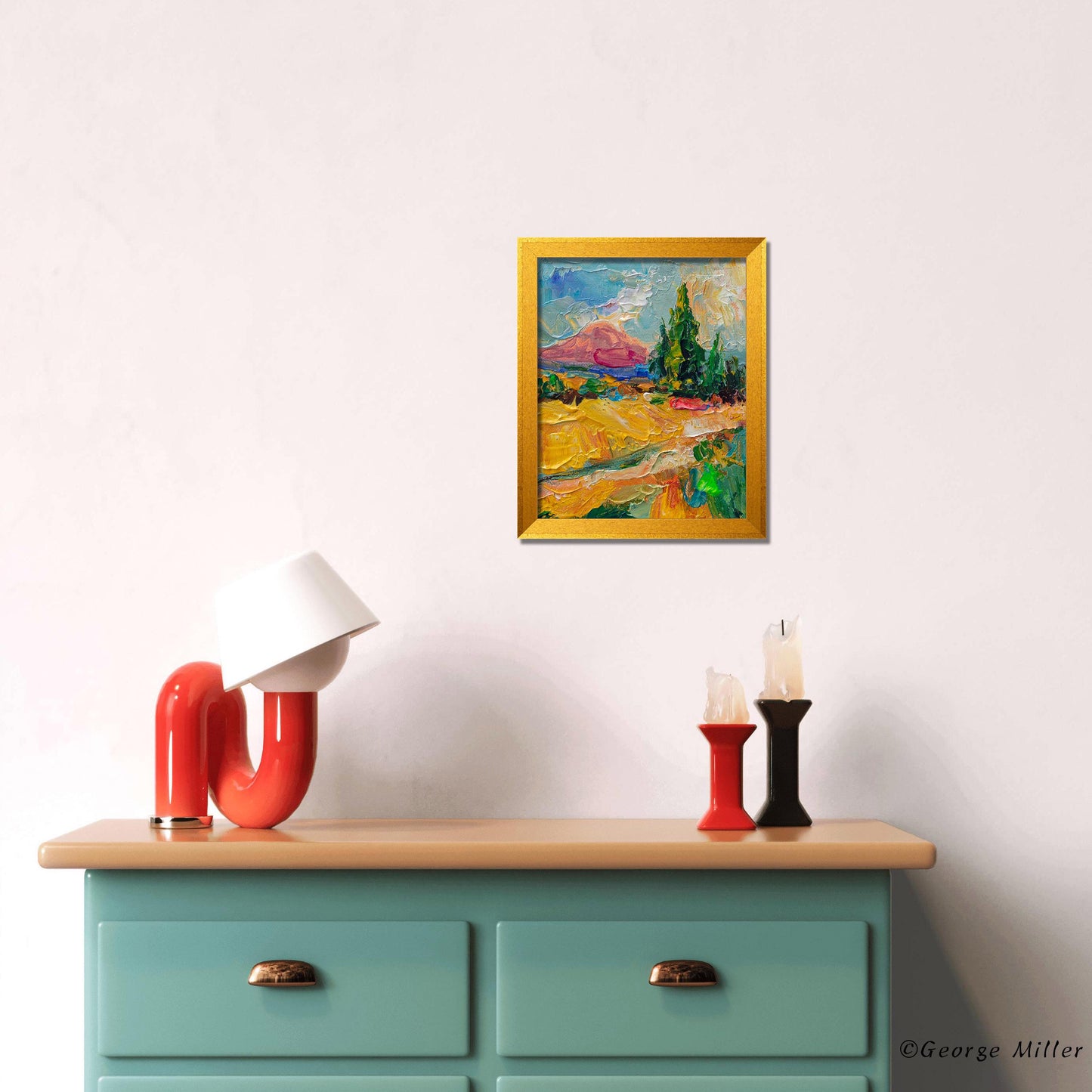 Golden Hour Majesty - Textured Landscape Painting, Sunset Scene, Evergreen Trees, Palette Knife Art, Original - GeorgeMillerArt