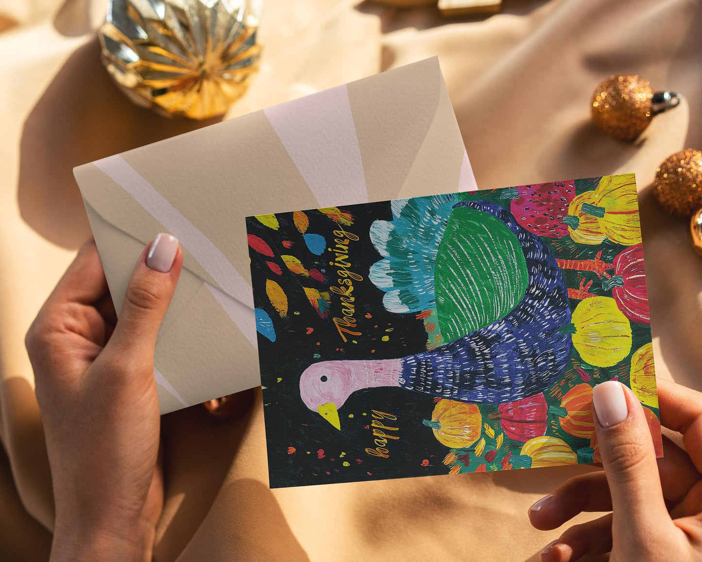 Artistic Fall Turkey Card - Printable Thanksgiving Download - Colorful Pumpkin & Turkey Digital Card - Unique Thanksgiving