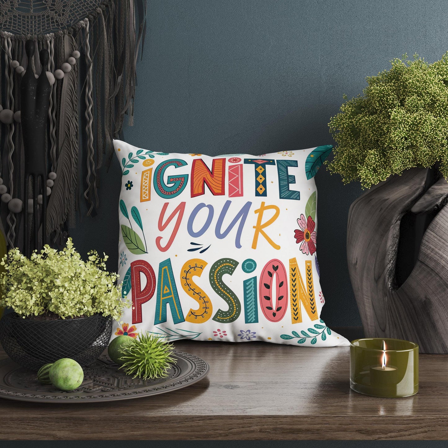 Hand Lettered 'Ignite Your Passion' Decorative Pillow | Nature Inspired Art | Unique Home Accent