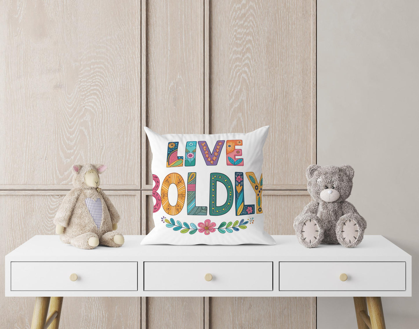 Hand Drawn 'Live Boldly' Decorative Pillow | Colorful Folk Art Design | Unique Home Accent