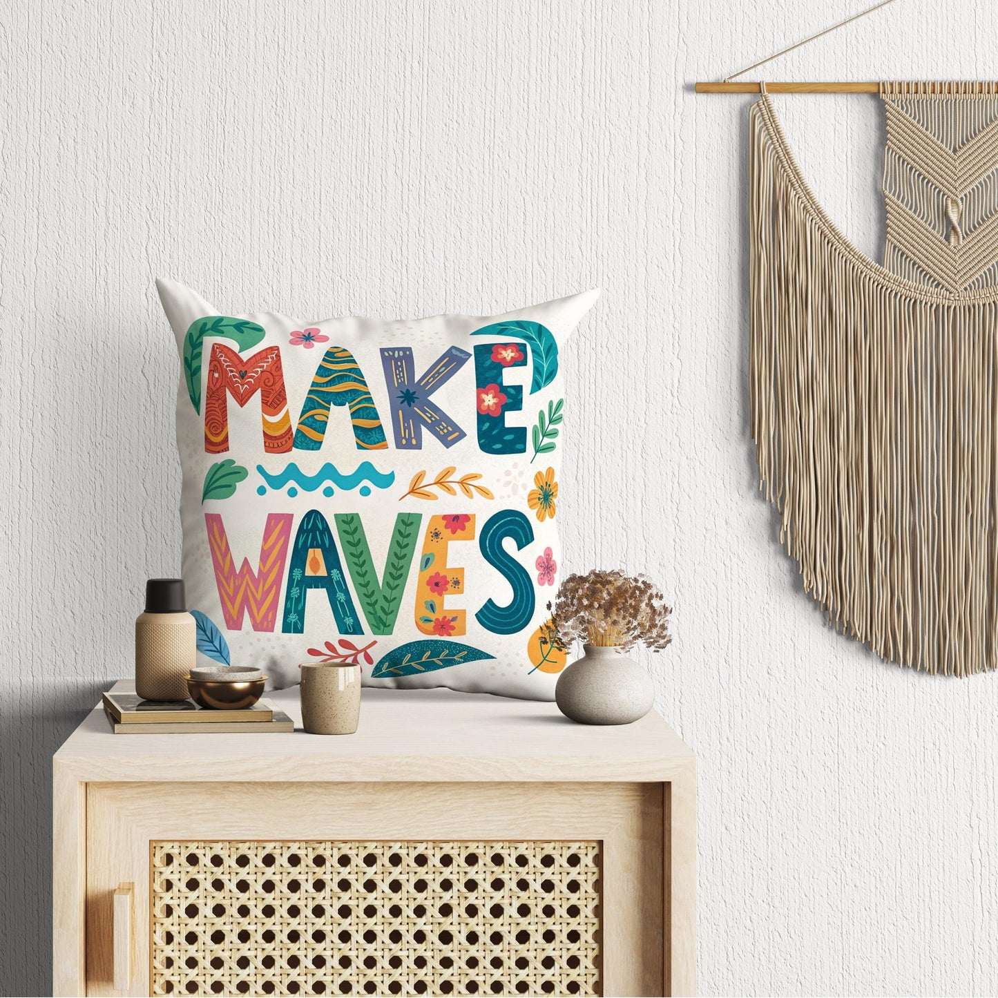 Artistic 'Make Waves' Cushion | Boho Chic Floral Pillow | Empowering Home Decor
