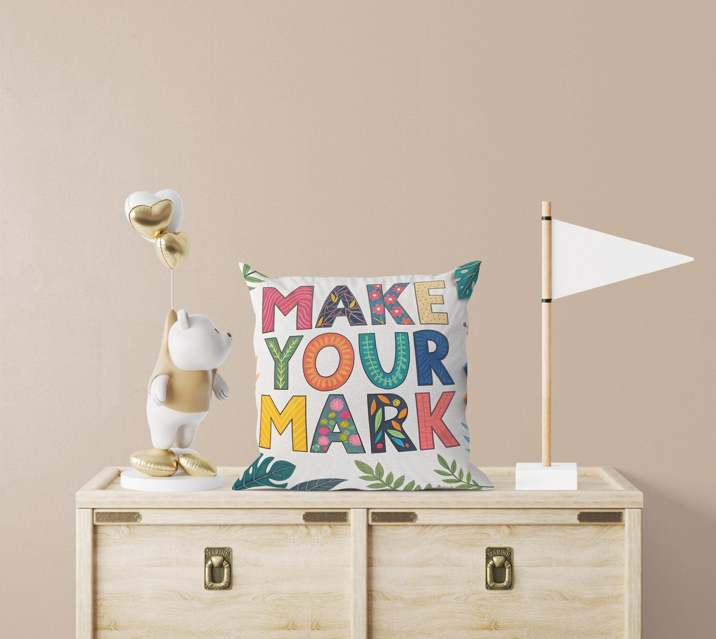 Bohemian Floral Throw Pillow | Vibrant 'Make Your Mark' Typography | Positive Message Decor