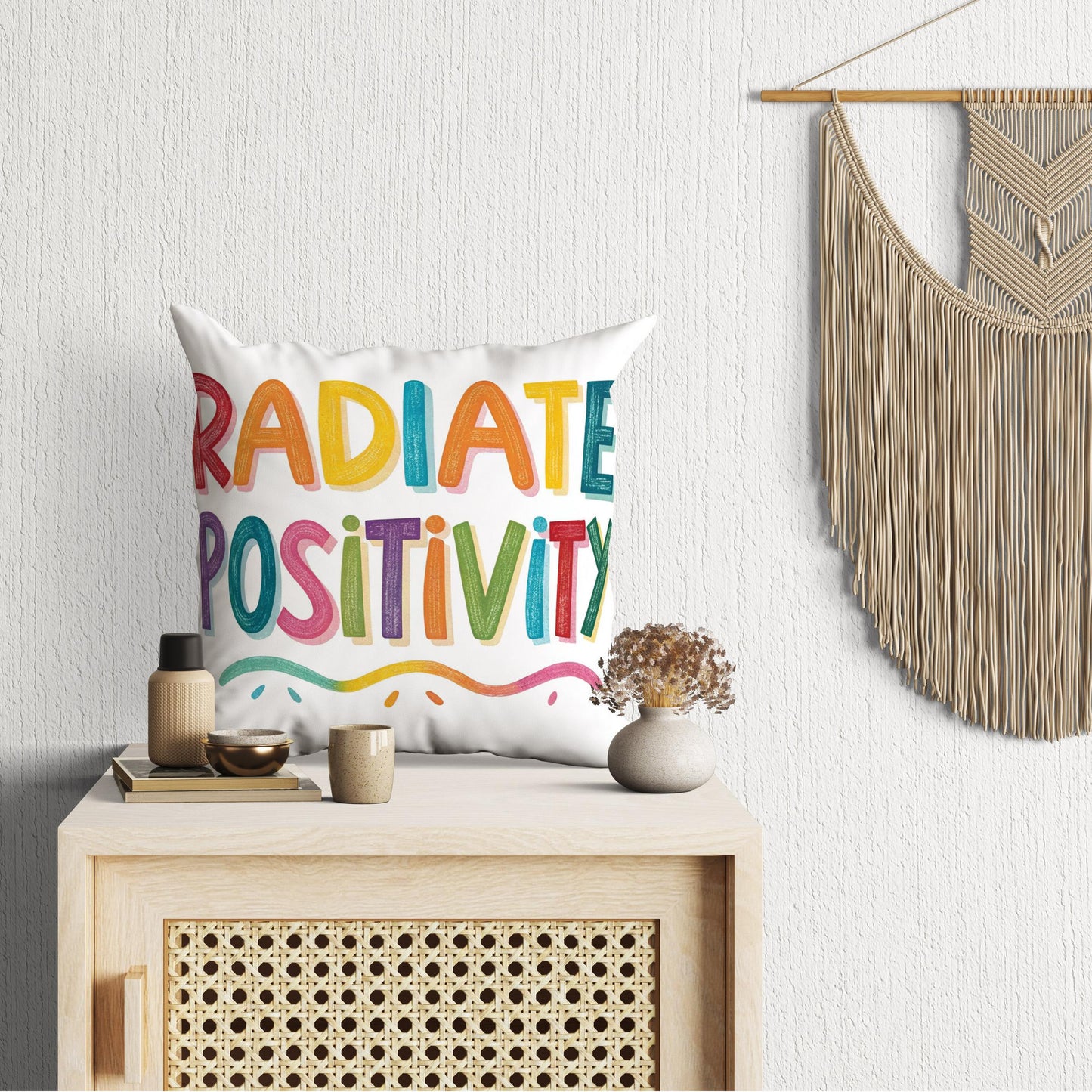 Cheerful Throw Pillow - Radiate Positivity Message - Colorful Inspirational Decor