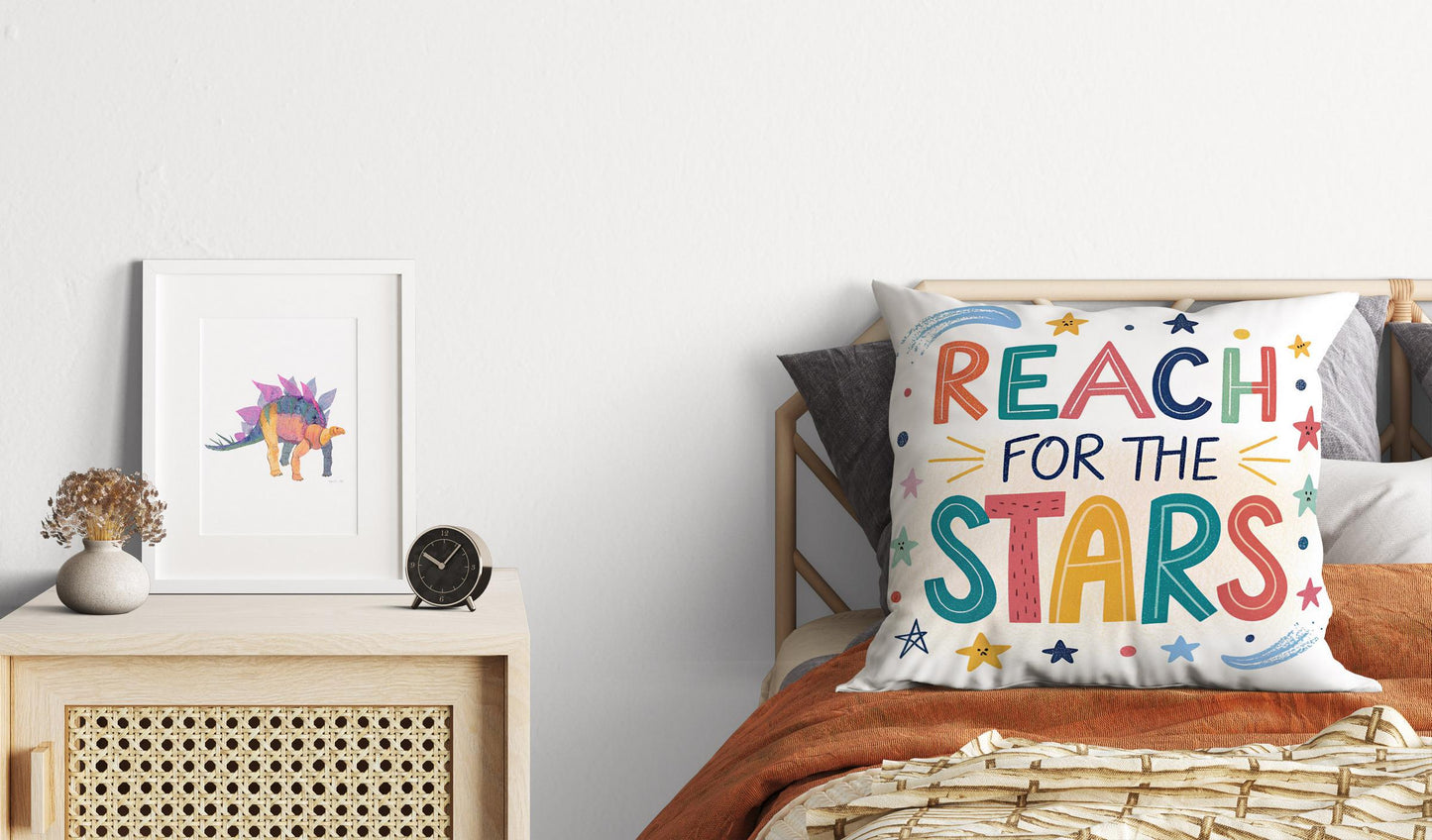 Playful Star Pillow | 'Reach for the Stars' Typography | Children's Room Accent