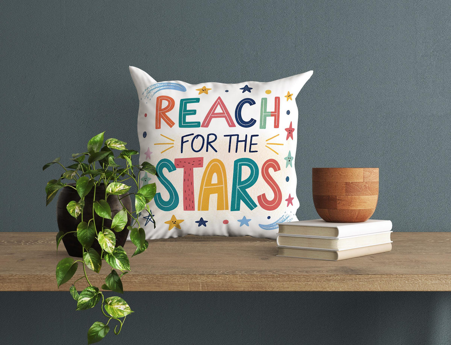 Cute Star Theme Cushion | 'Reach for the Stars' Message | Children's Bedroom Decor