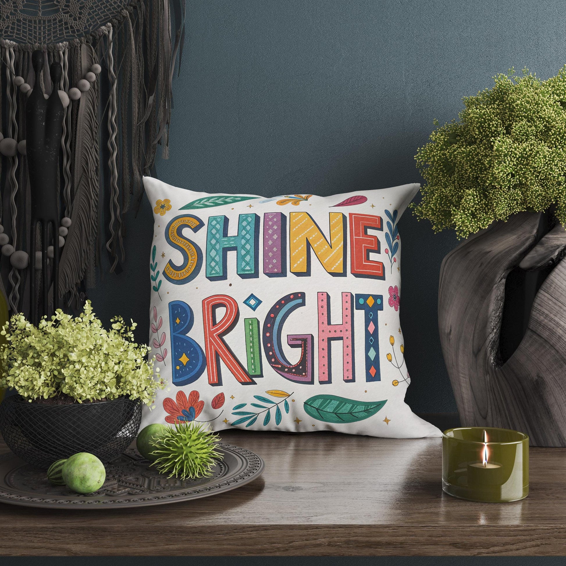 Hand Lettered 'Shine Bright' Pillow | Colorful Nature Motifs | Encouraging Room Accent