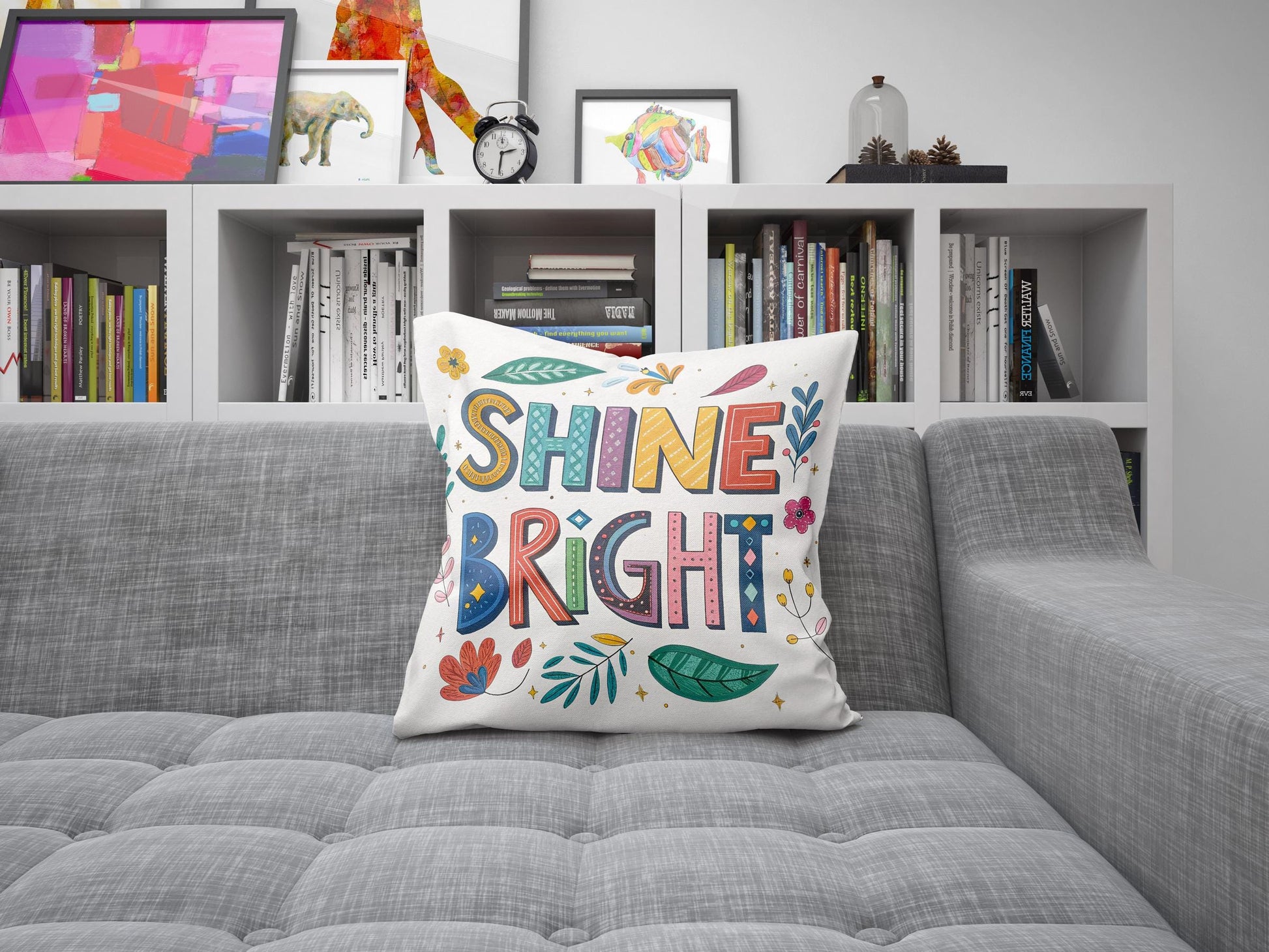 Empowering 'Shine Bright' Throw Pillow | Colorful Folk Design | Inspirational Decor