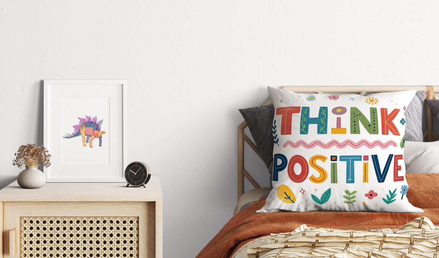 Vibrant 'Think Positive' Throw Pillow | Fun Typography | Cheerful Home Office Accent