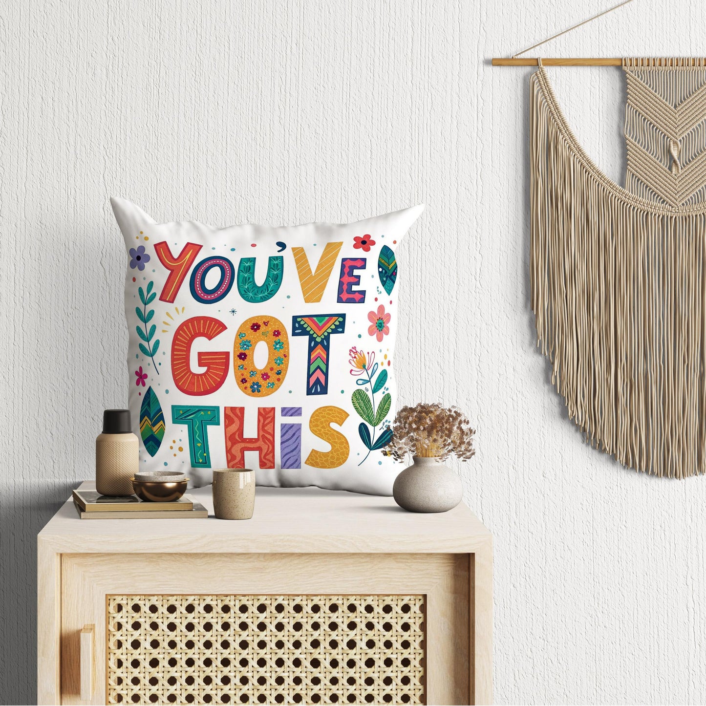 Floral Inspirational Pillow - You've Got This - Colorful Folk Art Home Accent