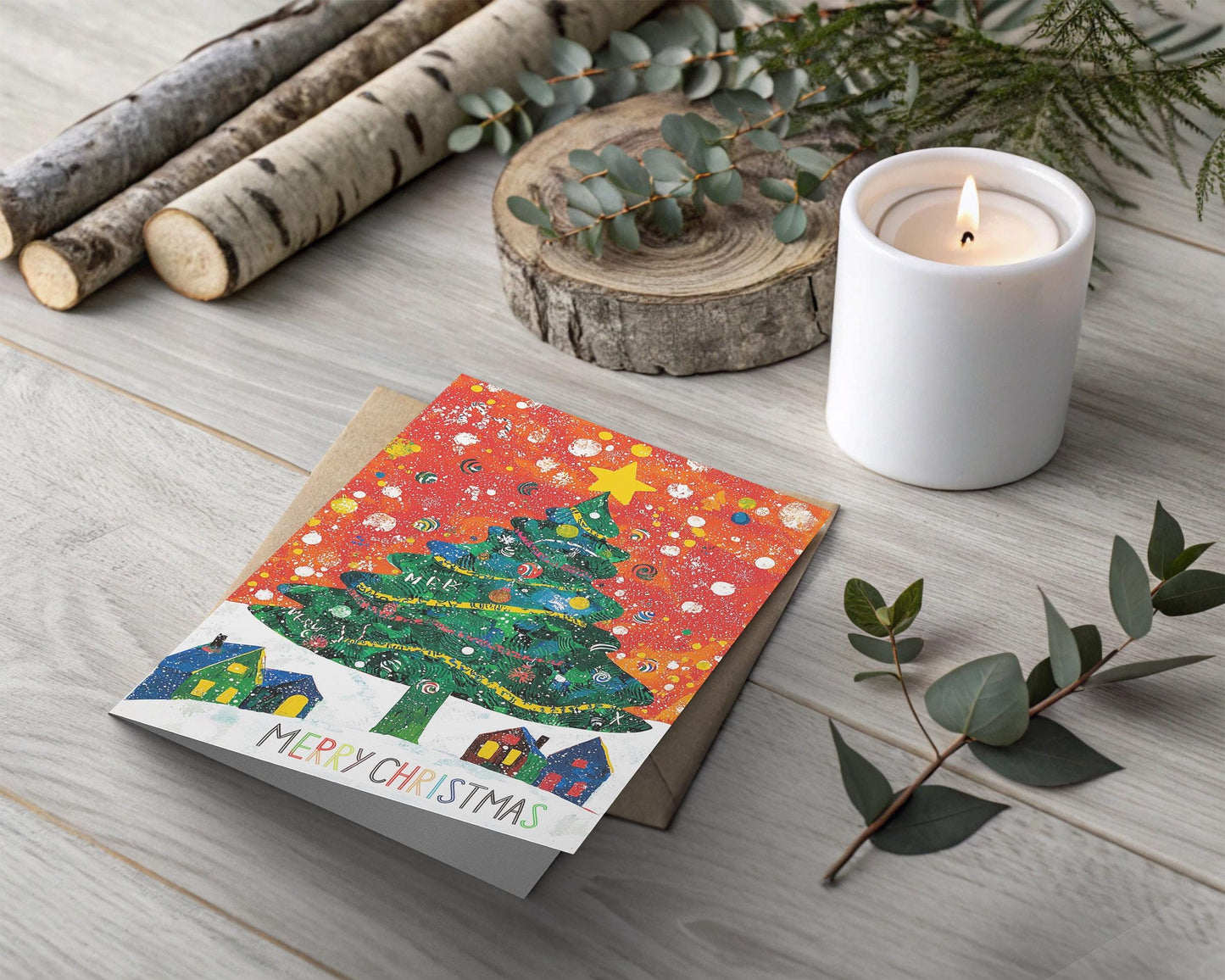 Whimsical Christmas Tree Card Colorful Festive Art Print Holiday Greeting George Miller Design