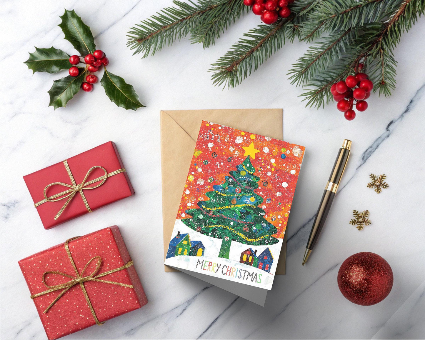 Whimsical Christmas Tree Card Colorful Festive Art Print Holiday Greeting George Miller Design