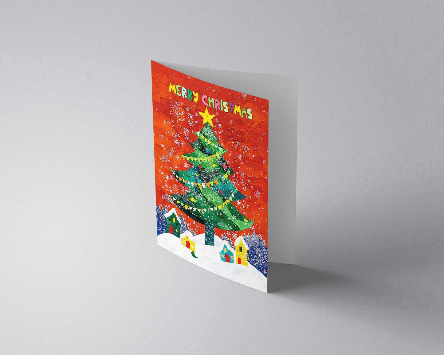 Unique Christmas Card Colorful Tree Village Design Festive Art Print Holiday Greeting