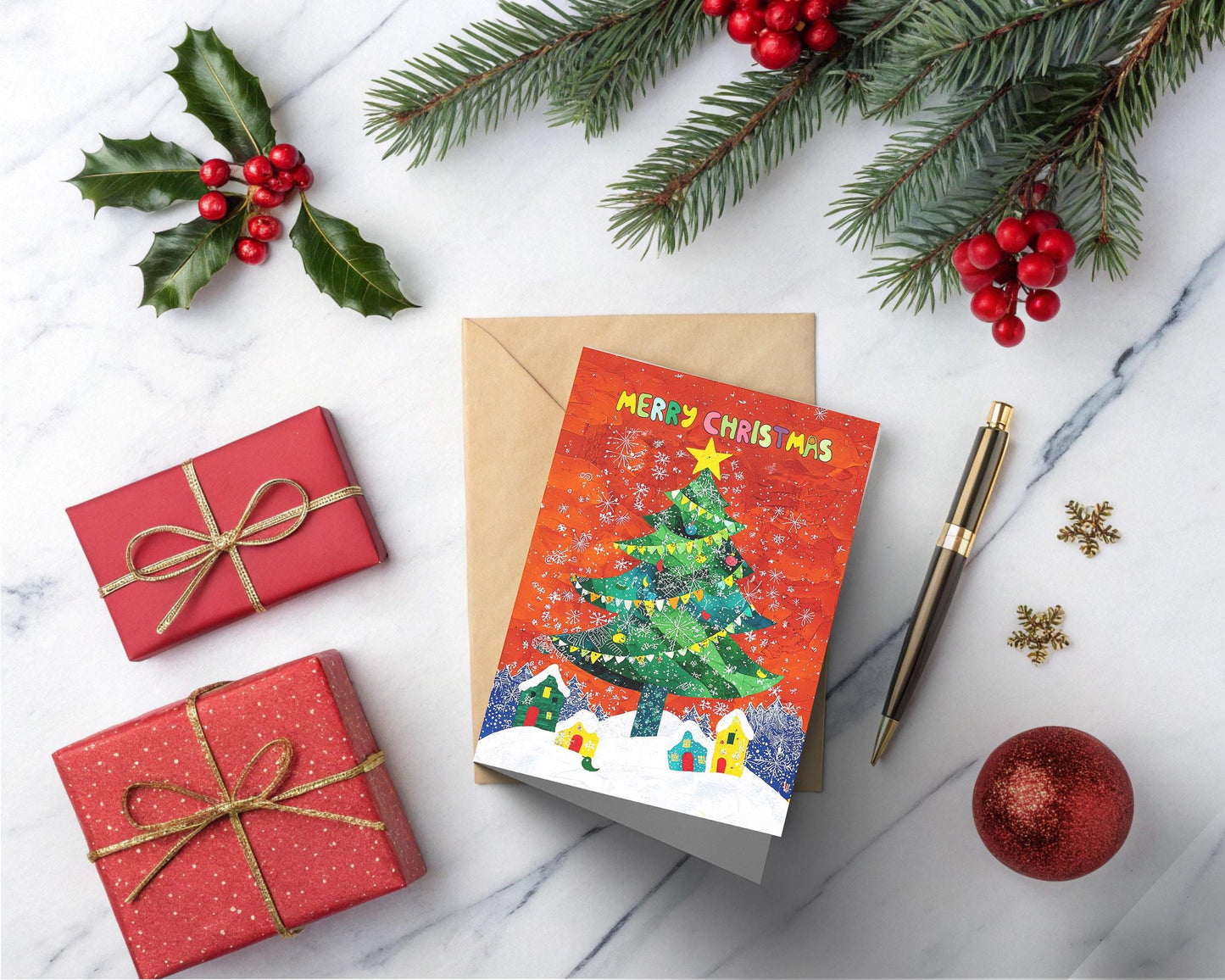 Christmas Card Festive Tree Village Scene Colorful Holiday Art Print George Miller Greeting Card