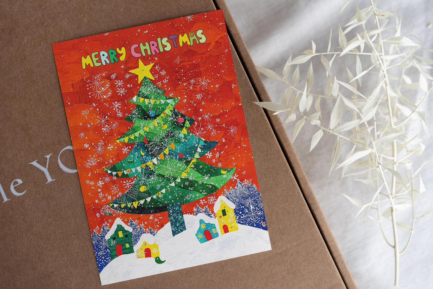 Whimsical Christmas Tree Card Colorful Village Scene Festive Art Print Holiday Greeting