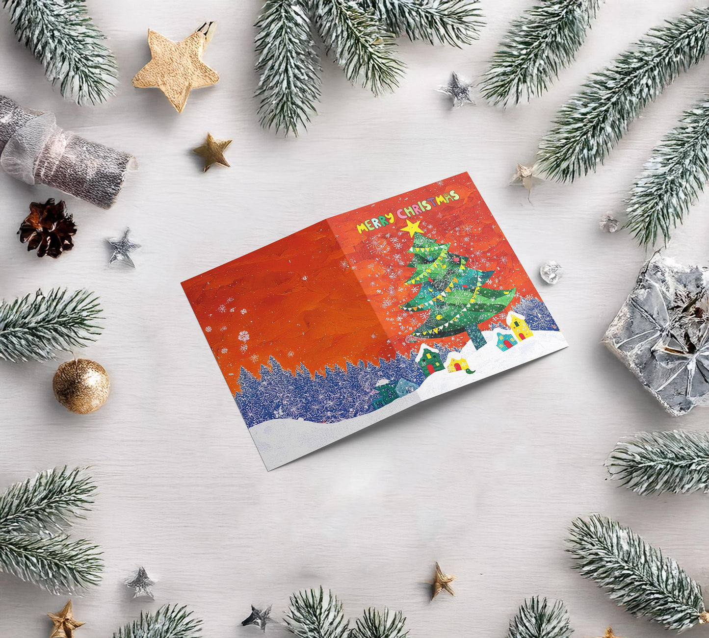 Artistic Christmas Greeting Card Vibrant Tree Illustration Snowy Village Holiday Art Print