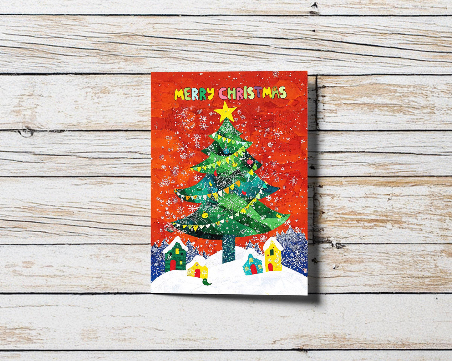 Modern Christmas Card Design Vibrant Tree Illustration Snowy Village Art Print George Miller