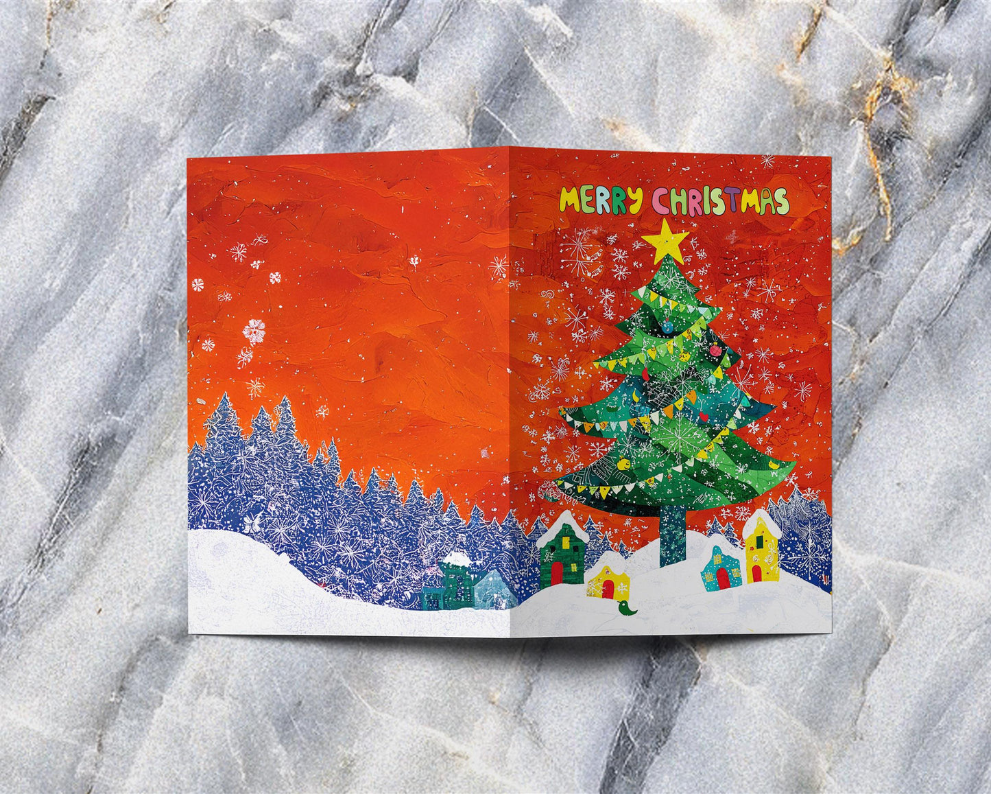 Festive Christmas Greeting Card Colorful Tree Village Scene Holiday Art Print Unique Design