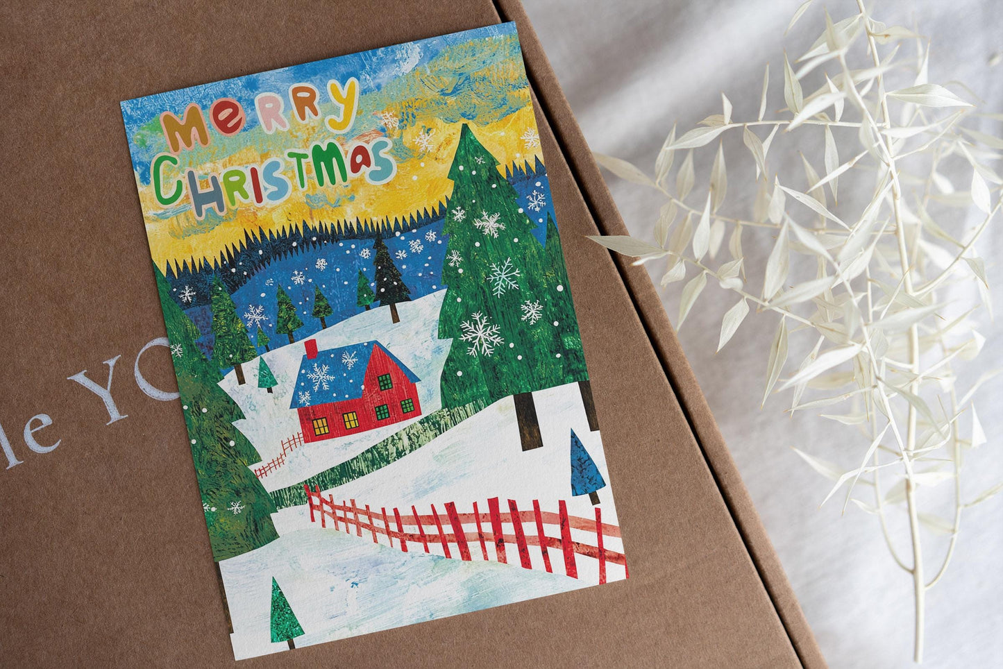 Nostalgic Christmas Landscape Card Cozy Red House Folk Art Style Snowy Scene George Miller