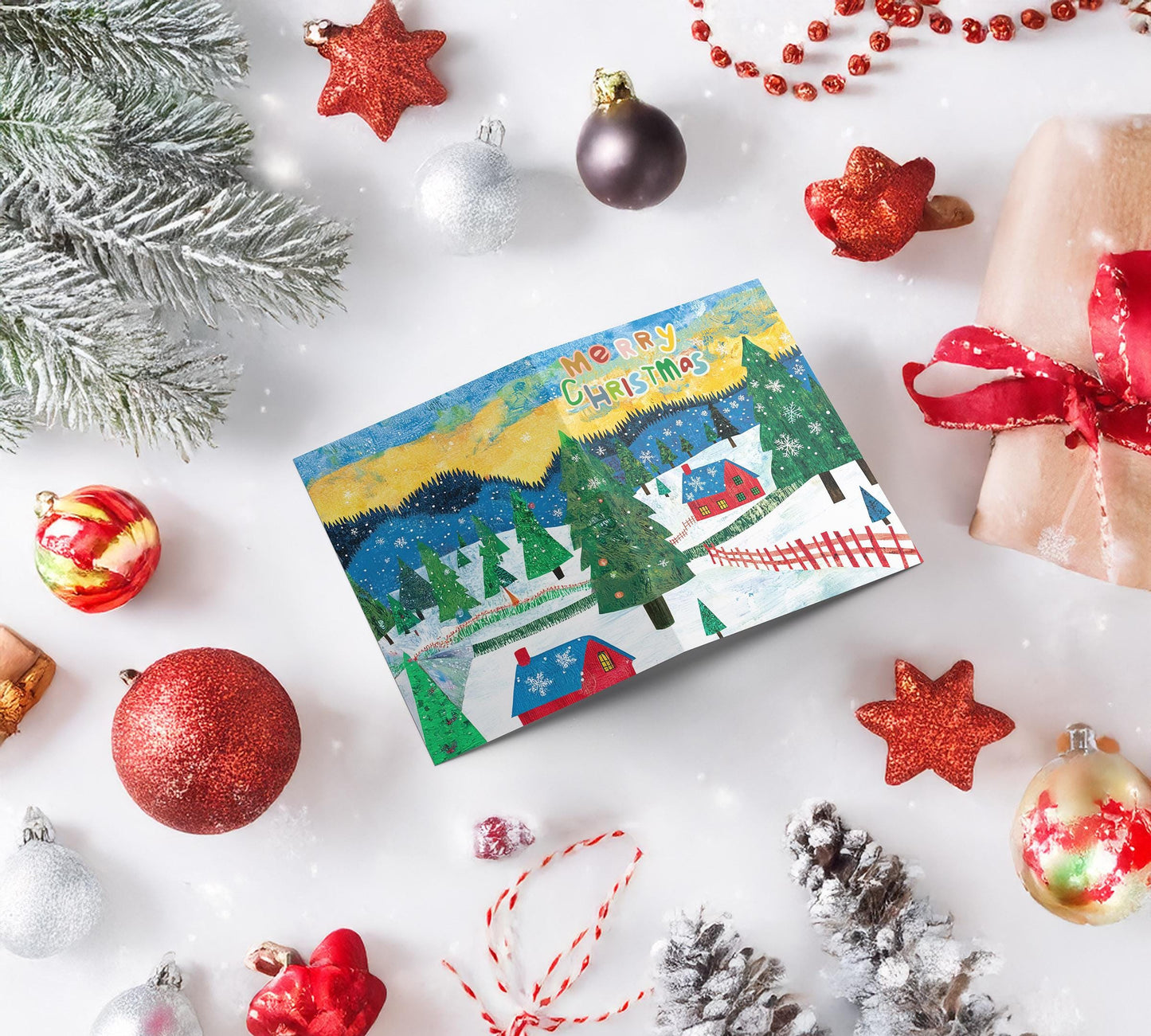 Folk Art Holiday Card Whimsical Christmas Scene Colorful Illustration Nostalgic Design George Miller