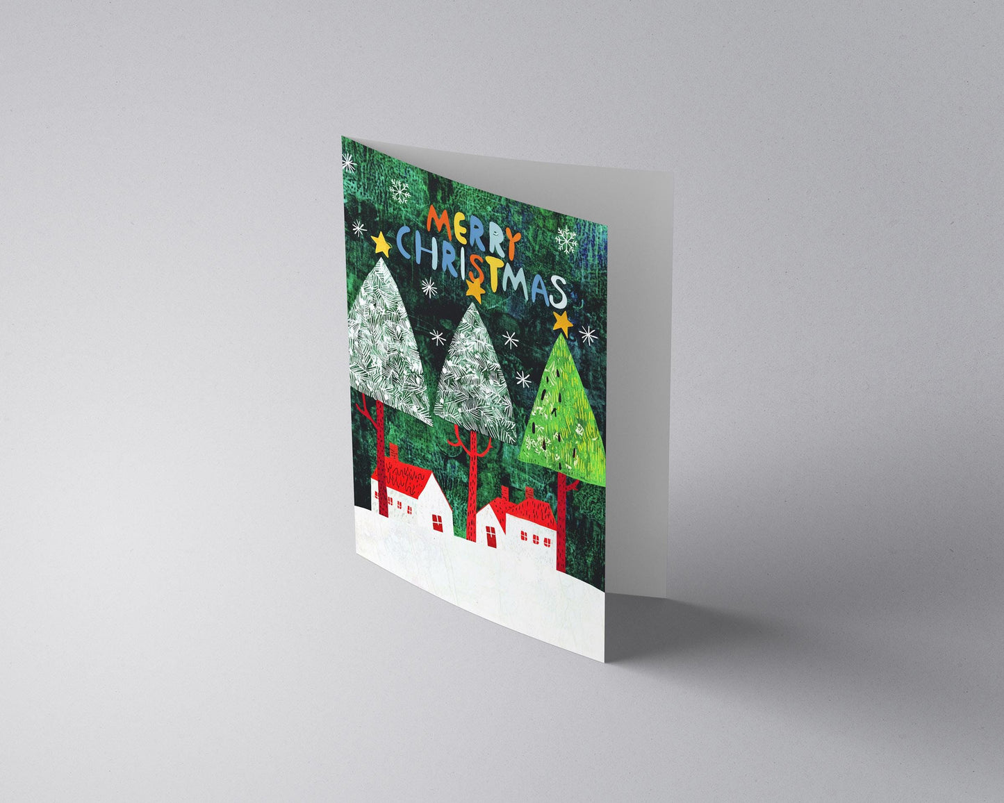 Christmas Card Whimsical Folk Art Holiday Trees Village Scene Artistic Greeting Colorful Illustration George Miller