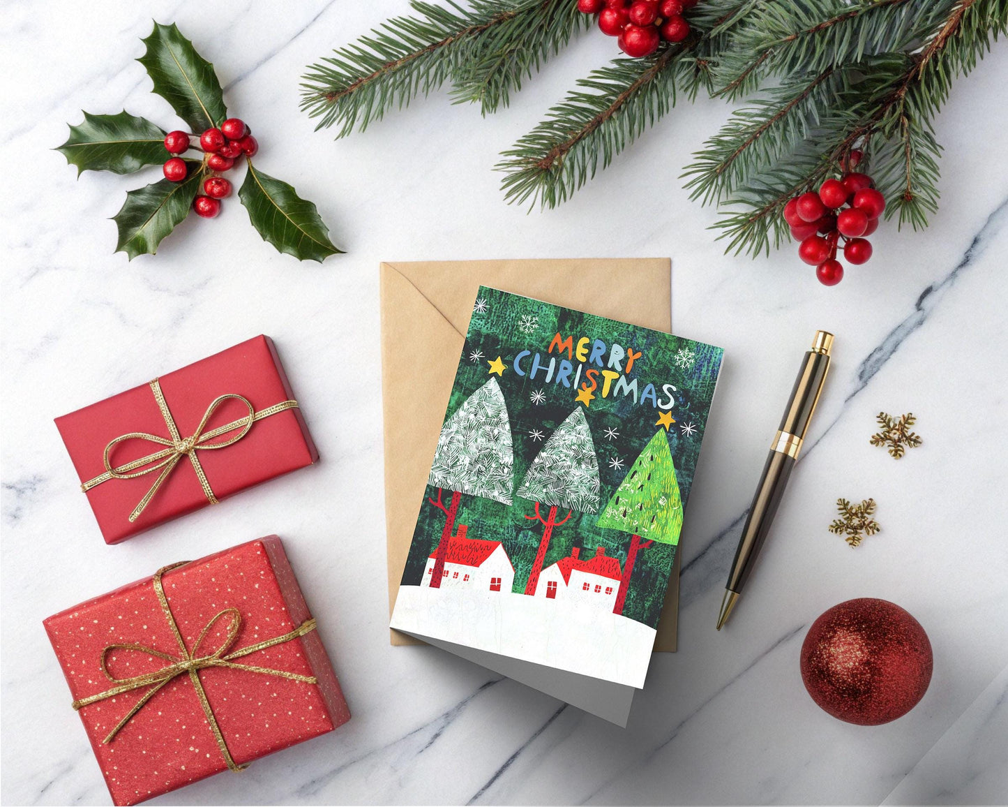 Holiday Card Whimsical Christmas Trees Folk Art Style Colorful Festive Illustration George Miller